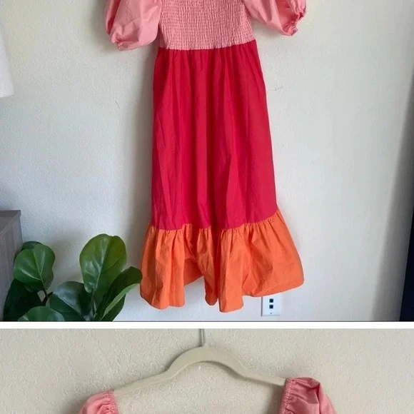 NWT Rhode Eloise Puff Sleeve Colorblocked Midi Dress  in Clementine Multi - Picture 2 of 6